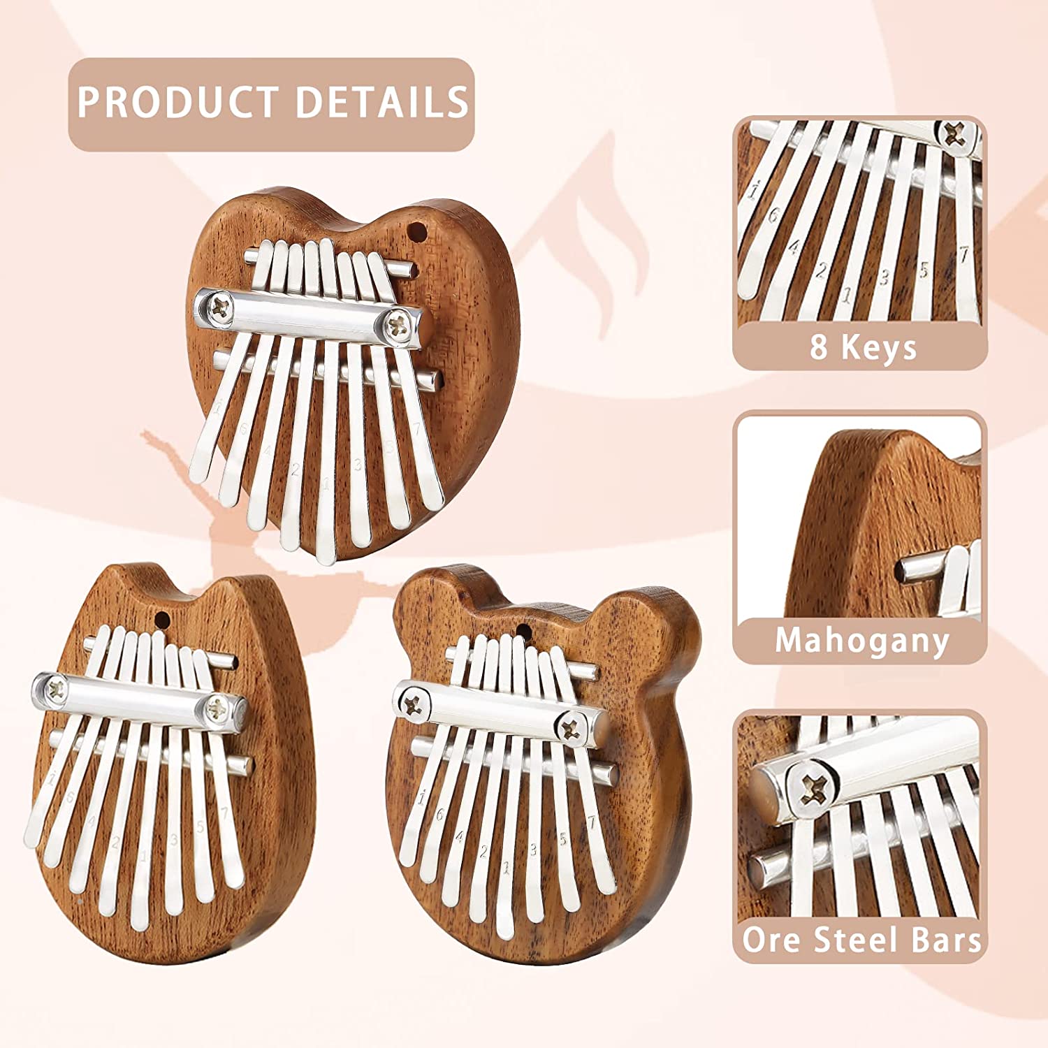 3 Pack Mini Kalimba Thumb Piano 8 Keys (Wooden)