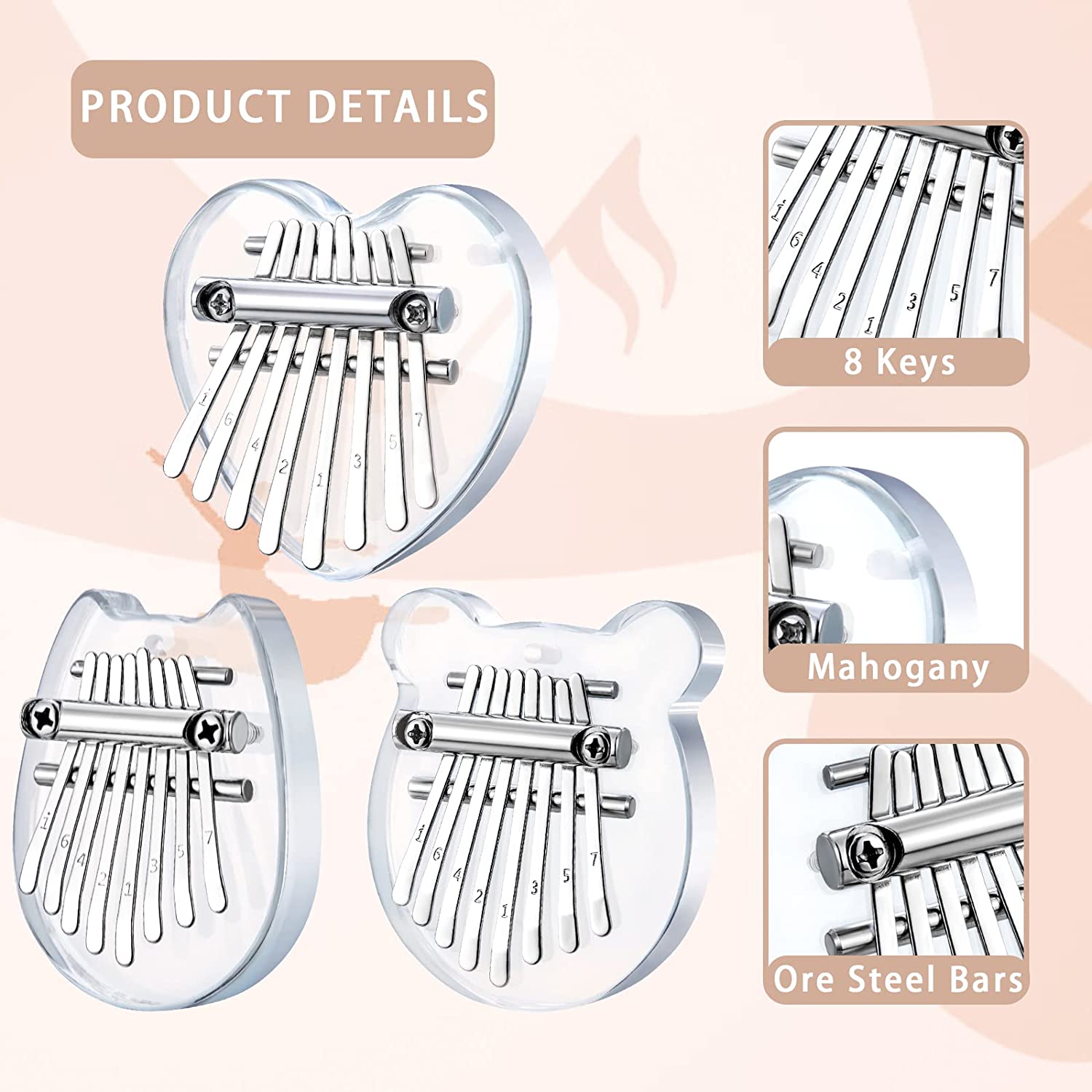 3 Pack Mini Kalimba Thumb Piano 8 Keys (Acrylic)