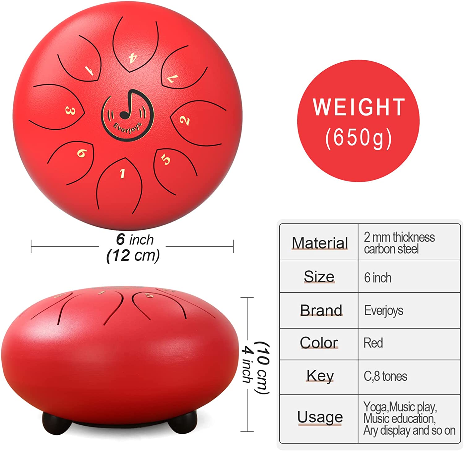 Steel Tongue Drum 8 Notes 6 Inches C-Key(Red)
